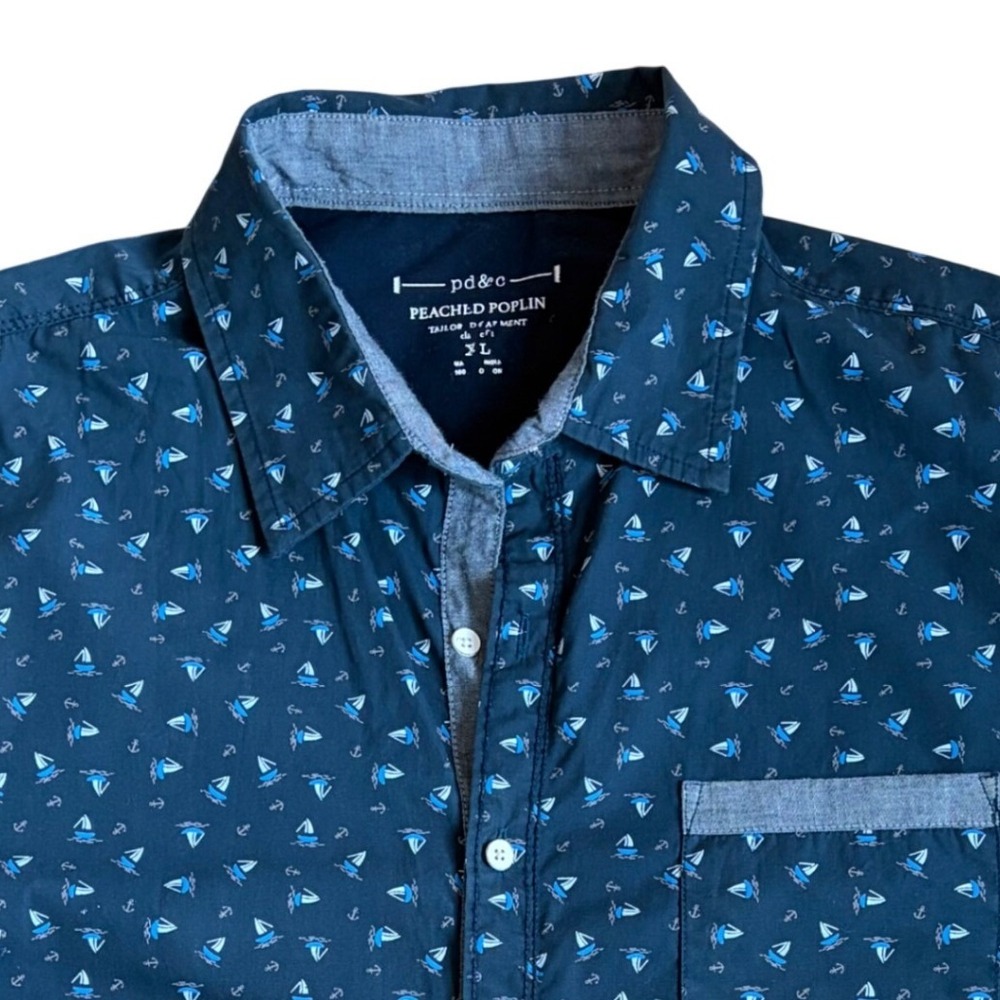 PD&C Sailboat Print Button Shirt Size L Blue White Casual Yacht Summer Nautical